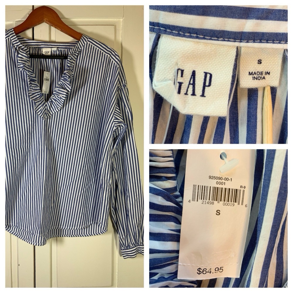 GAP Blue White Stripe Ruffle V Neck Cottage Shirt Womens Small Peasant Feminine